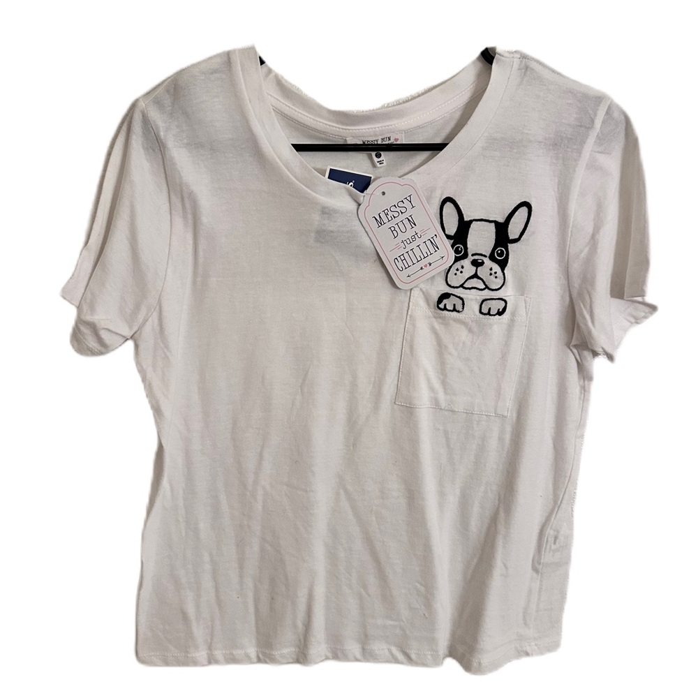Messy Bun Just Chillin‎ White T-Shirt French Bull Dog Graphic Small